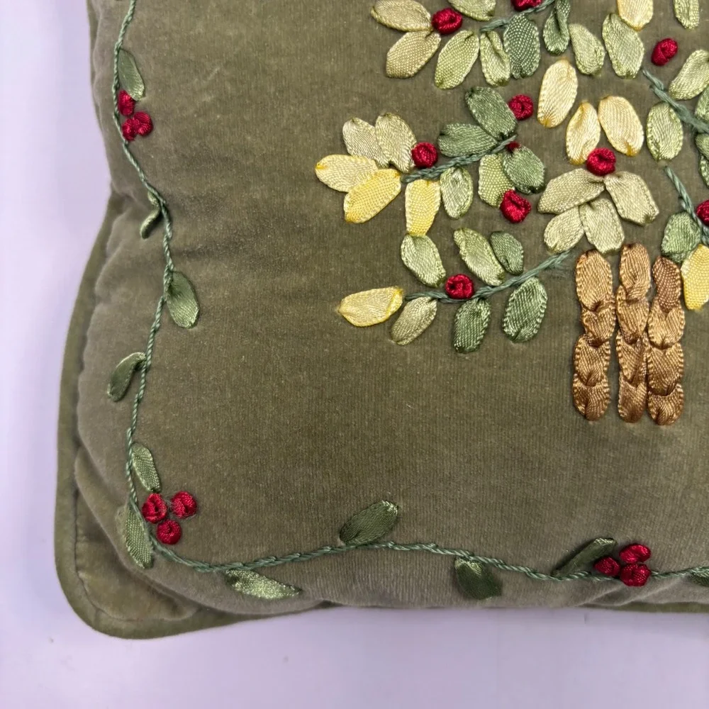 Vtg Christmas Tree Ribbon Embroidery Velvet Throw Pillow Sage Green Holiday
